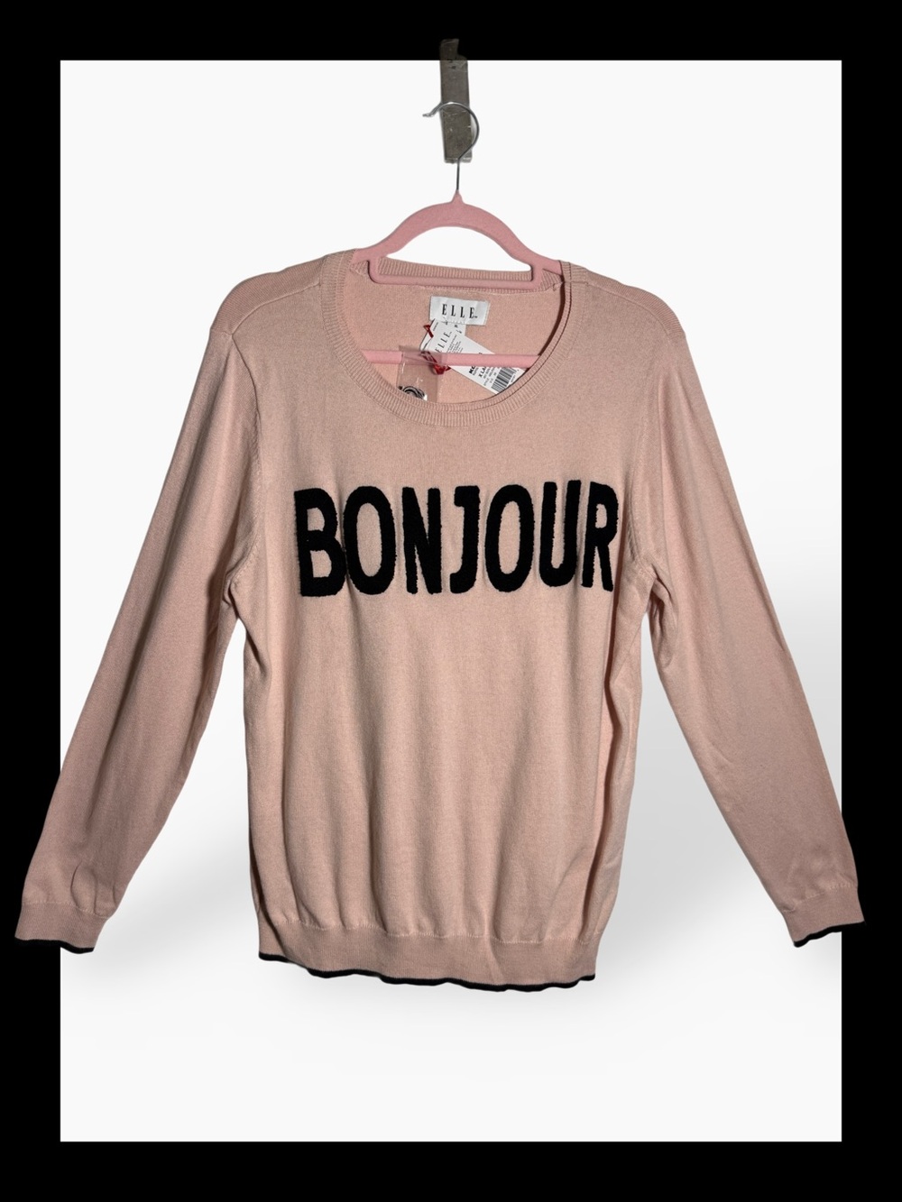 Elle Light Pink Crewneck Sweater with Black 'BONJOUR' Lettering